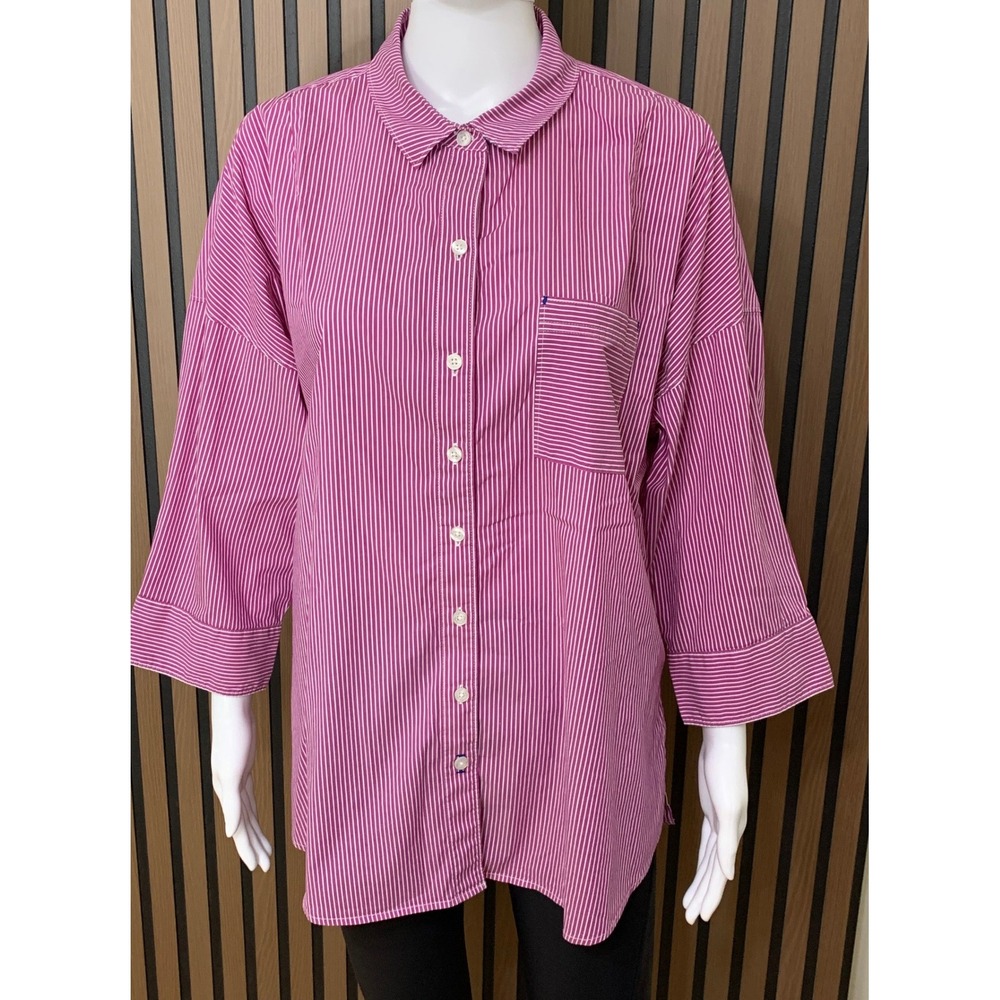 Tommy Bahama Purple White Striped Button Front Shirt Women's Large 3/4 Sleeve